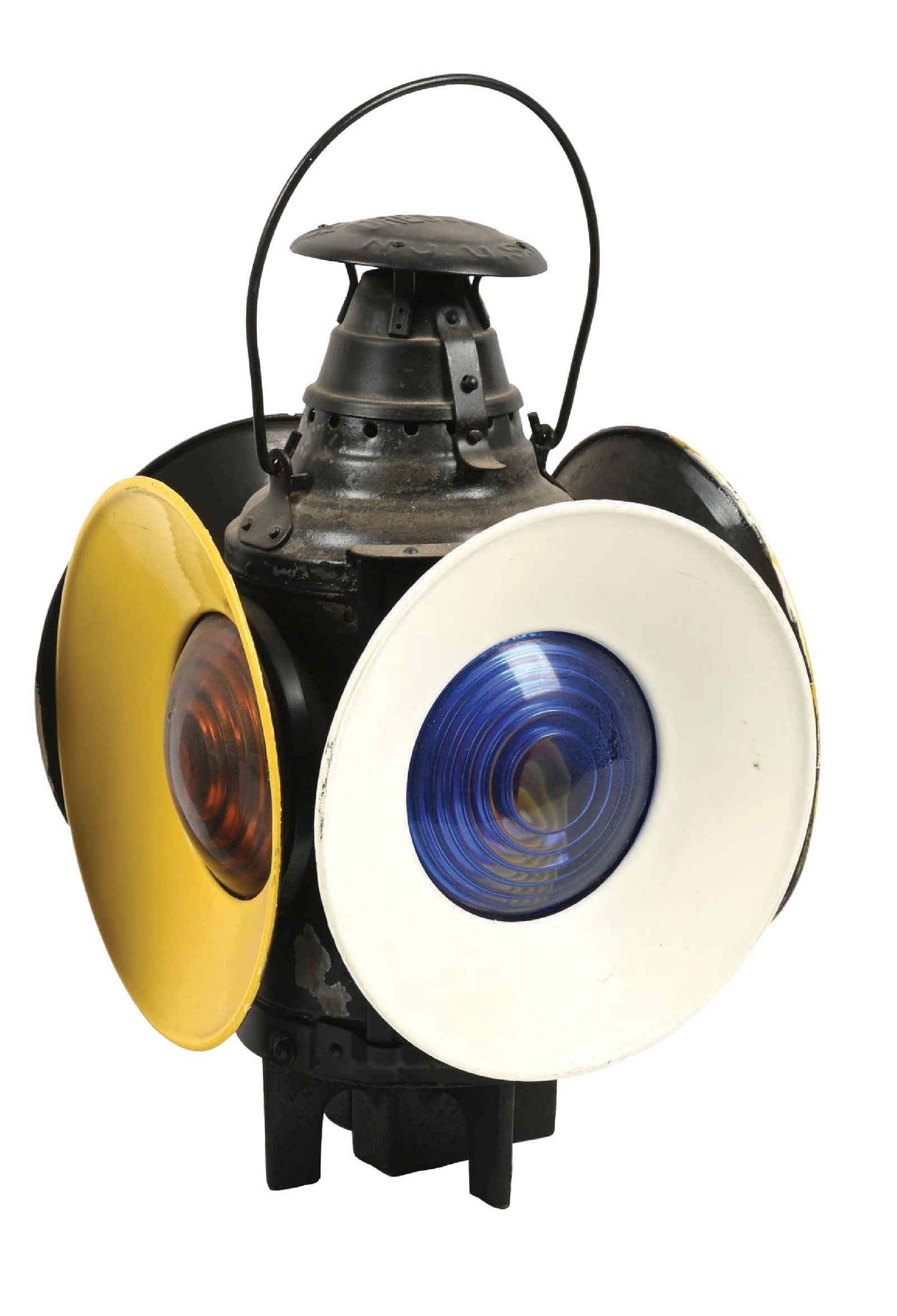 RAILROAD SWITCH LAMP: A Dressel switch lamp with two cobalt lenses with white day targets and two amber lenses with yellow day targets. Fount and burner are intact. Lamp is in very good condition. Condition: (8.0). Dimensi