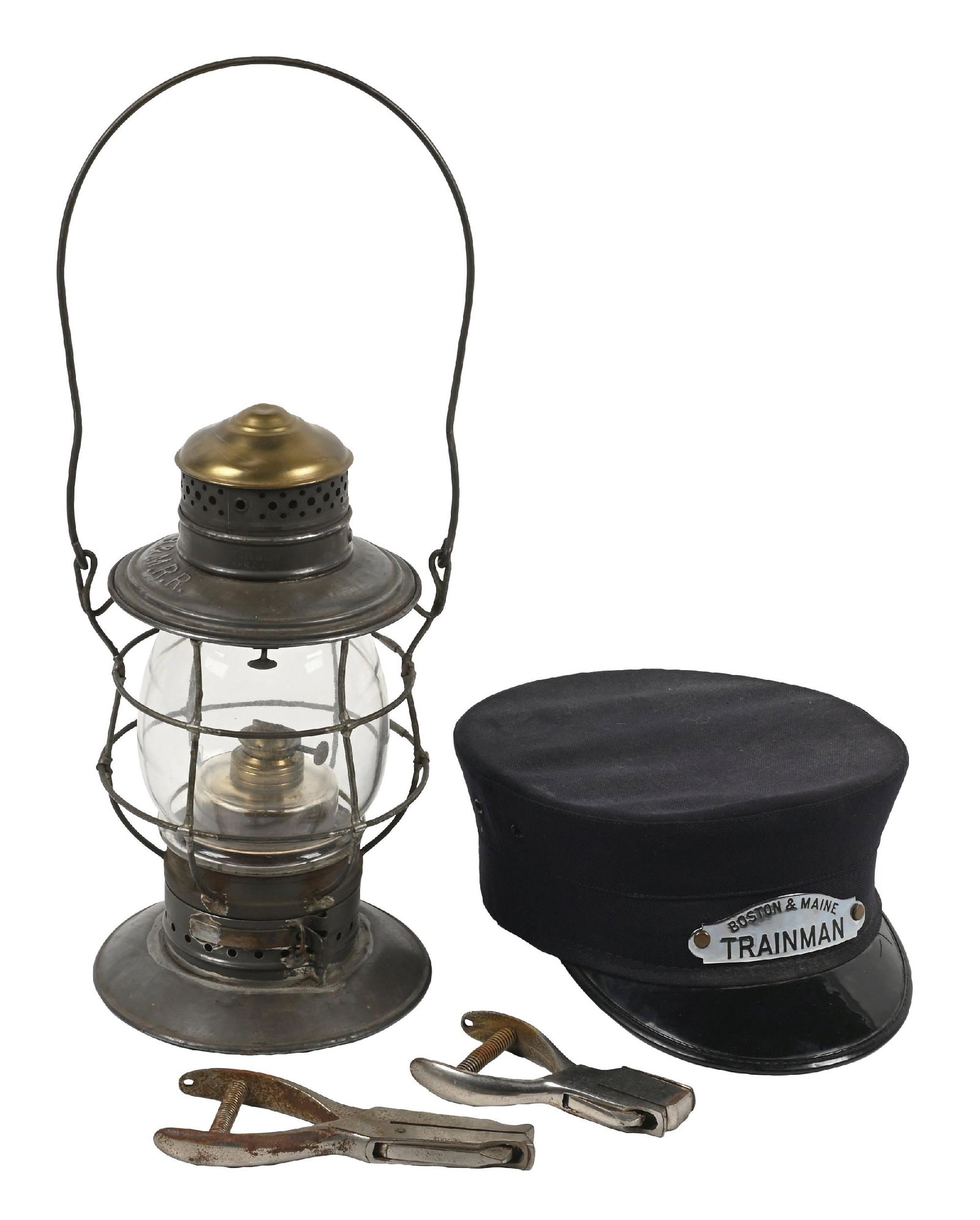 LOT OF 4: BOSTON & MAINE RAILROAD ITEMS: (A) A Railroad Signal Lamp & Lantern Co. double-guard brass-top bell-bottom with glass fount and No. 1 ratchet burner affixed. The bayonet base shows a very faint “F.O. Dewey Boston” hallm