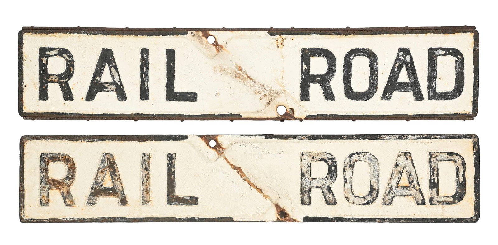 CAST IRON RAILROAD CROSSING CROSSBUCK: A two-sided, old cast iron “RAILROAD CROSSING” crossbuck sign. The sign shows old, white field paint with faded and deteriorated black border and lettering. This is not a standard