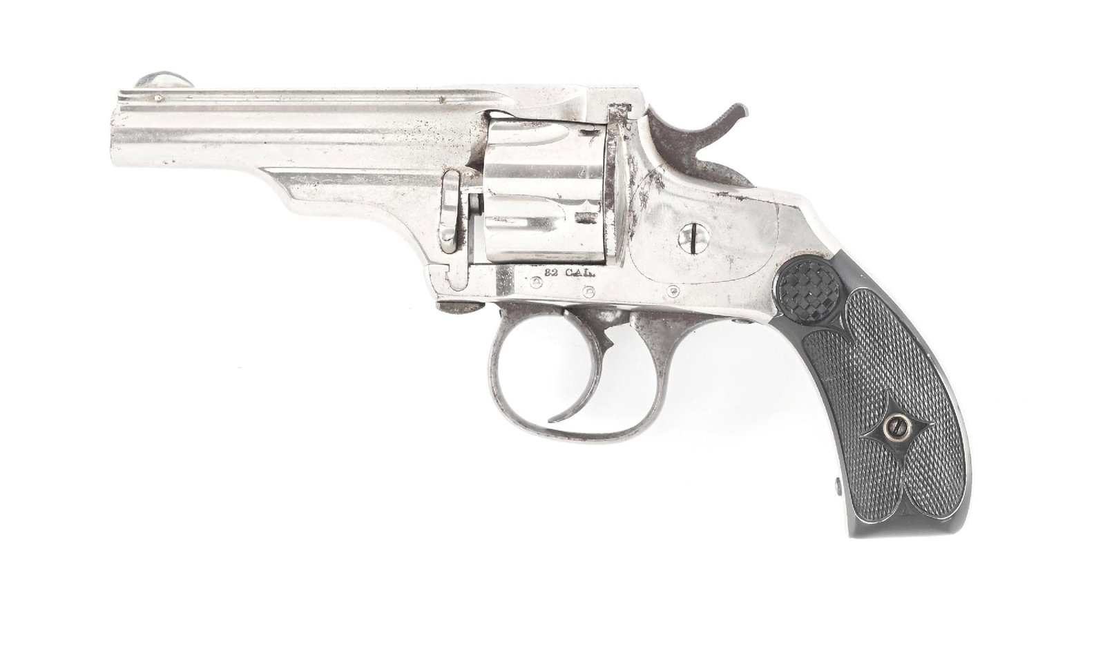 (A) MERWIN & HULBERT SMALL FRAME POCKET MODEL DOUBLE ACTION REVOLVER: Standard five shot, double action with nickel finish, solid rib, closed top, square butt, case color solid hammer, case color trigger guard and checkered gutta percha grips. All matching numbers inclu