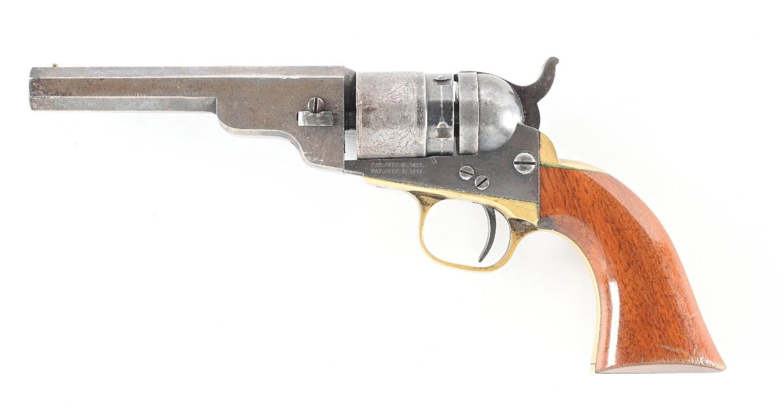 (A) COLT MODEL POCKET NAVY CONVERSION SINGLE ACTION REVOLVER.: This conversion dates to 1874. It is one of approximately 4000 of the Pocket Navy conversions to .38 RF. with this barrel length. It is in the scarcer blue and case color finish with brass straps, one