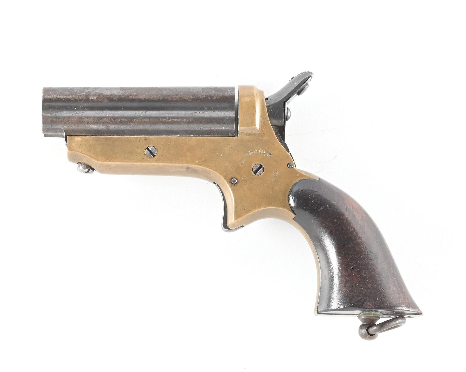 (A) C.SHARPS MODEL 1-C PEPPERBOX DERRINGER: Dates to early 1860's. This Model has the fluted standing breech, blue finish, brass frame, under side barrel release, spur trigger, walnut round to frame grips and lanyard ring. Frame has Sharps lege