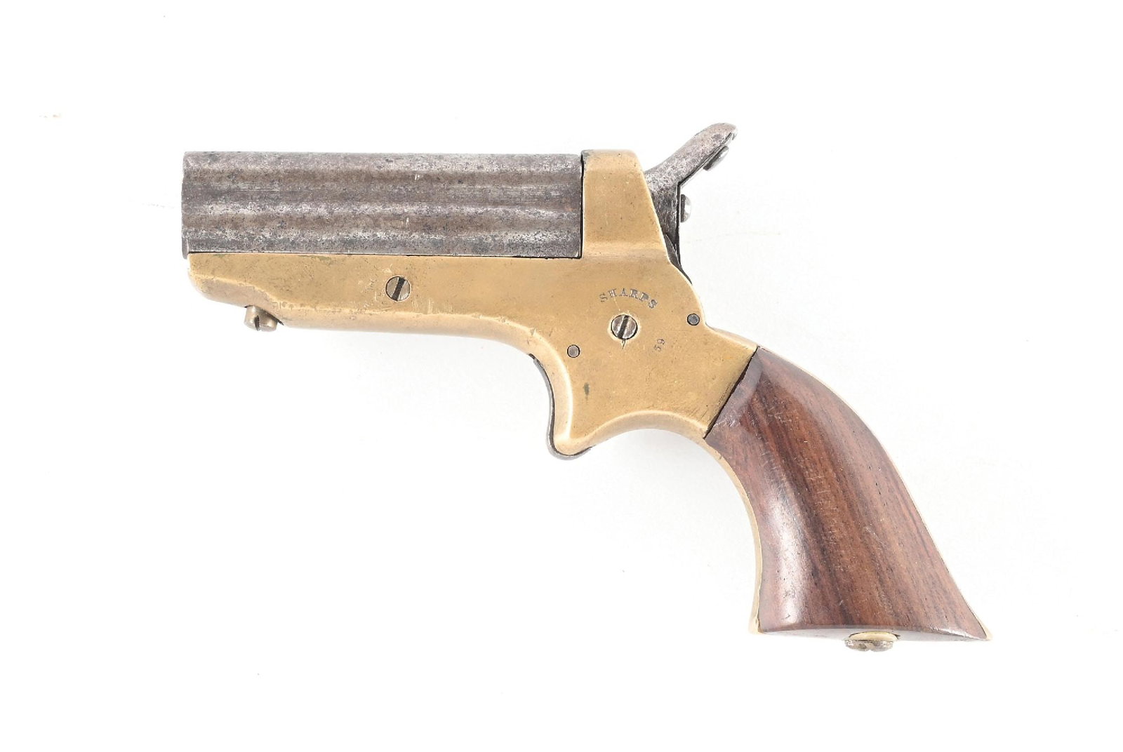 (A) SHARPS MODEL 1A PEPPERBOX PISTOL.: Very early example with the straight standing breech, under frame barrel release, iron barrels, brass frame with Sharps circular legends around screws, straight line walnut grips to frame, spur trigge