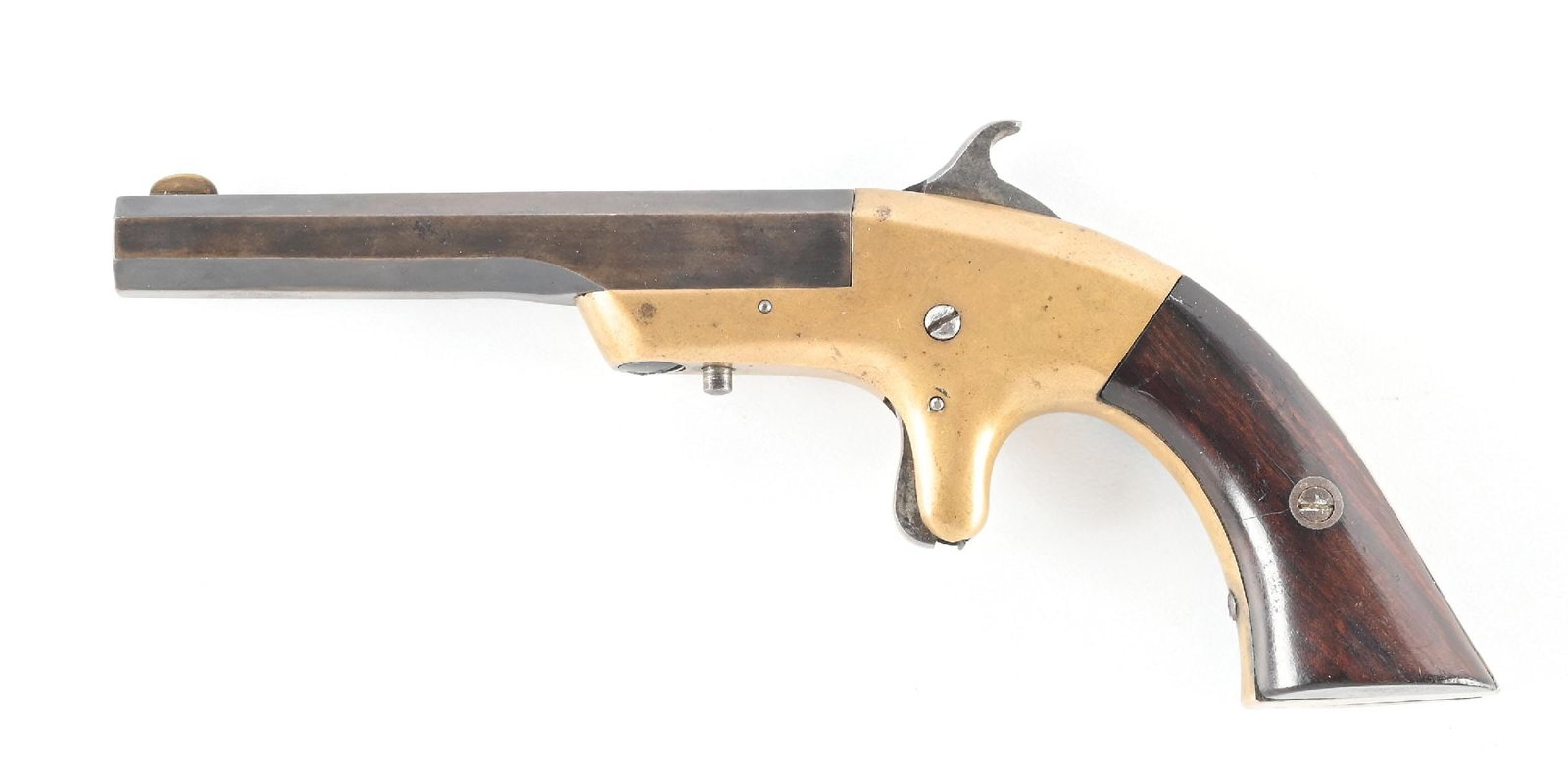(A) MERWIN & BRAY SINGLE SHOT PISTOL.: Produced from 1859 through 1866. Blued octagon barrel is stamped Merwin & Bray New York but actually made by Bacon Arms in Norwich Conn. It is a single shot with brass frame, spur trigger and two