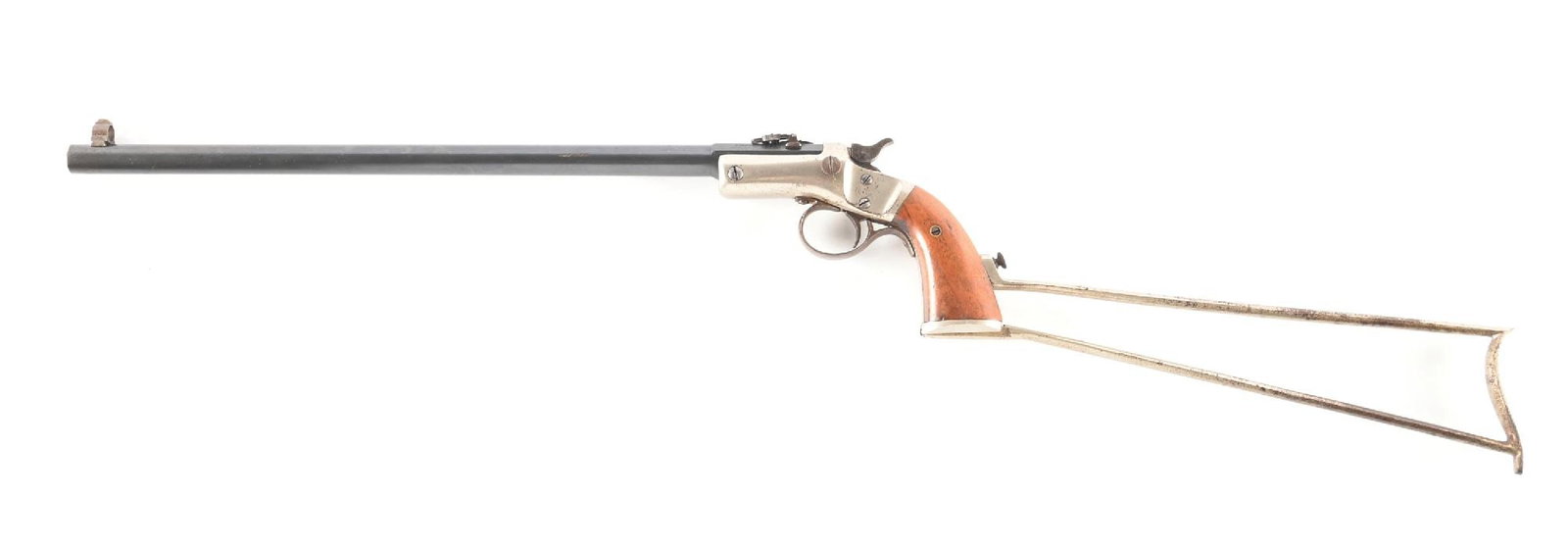 (A) LIGHT FRAME STEVENS TIP-UP POCKET RIFLE.: Features the blued octagon to round barrel with globe front sight, folding ladder rear sight, nickel plated frame with matching number nickel plated skeletal stock. Also has the two piece walnut