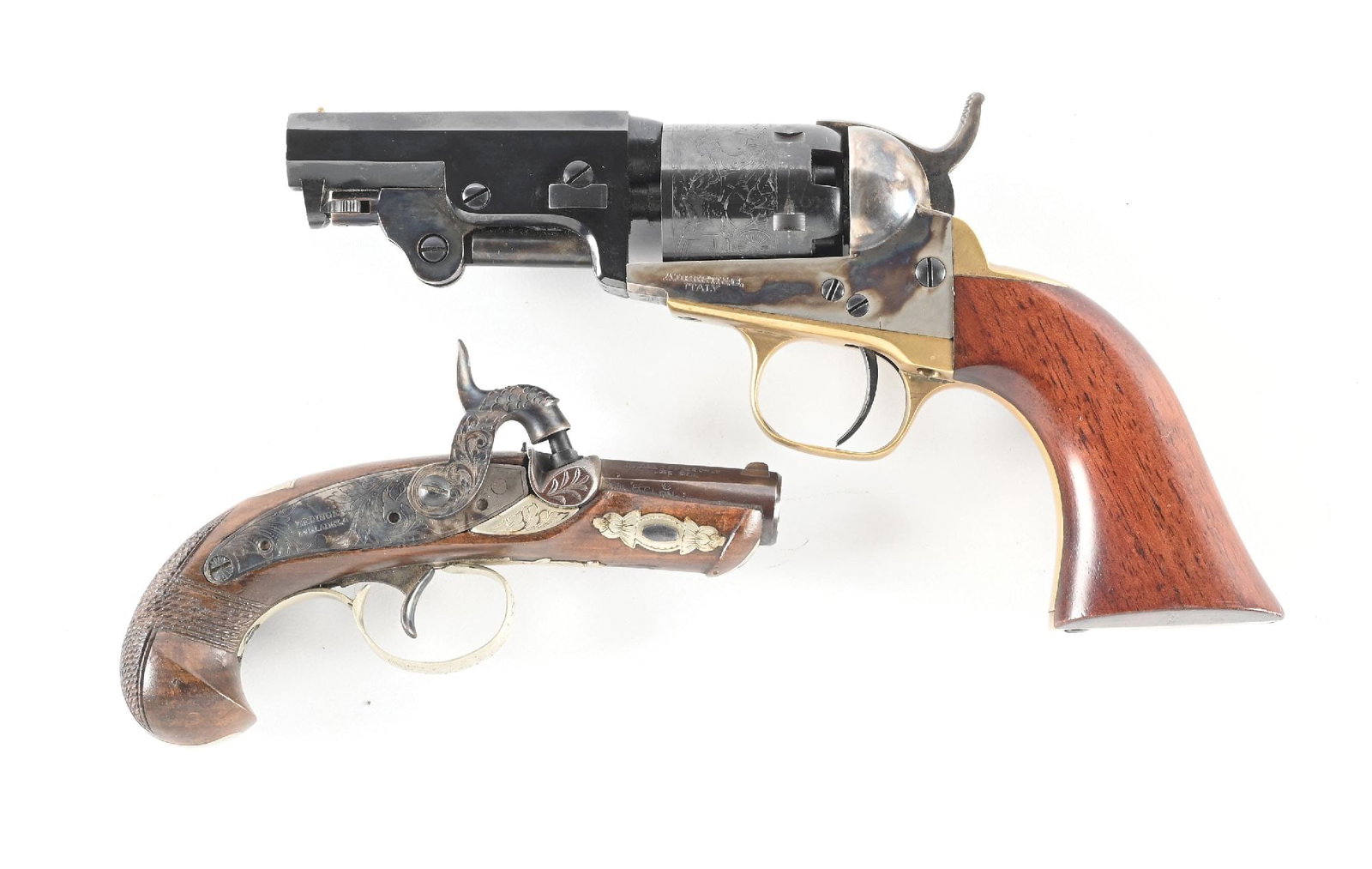 (A) LOT OF 2: CIMARRON 3" COLT MODEL 1849 REVOLVER AND ITALIAN PHILADELPHIA DERRINGER. (1 of 2)