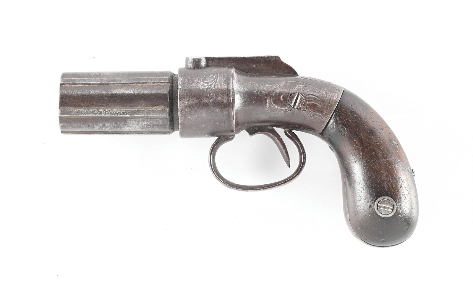 (A) SCARCE WW MARSTON & KNOX PERCUSSION PEPPERBOX REVOLVER.: Maker marked with New York on barrel flats. Features the bar hammer, six shot, single action, lightly engraved frame with walnut bag style grips. William Marston partnered with Robert Knox in the mid 