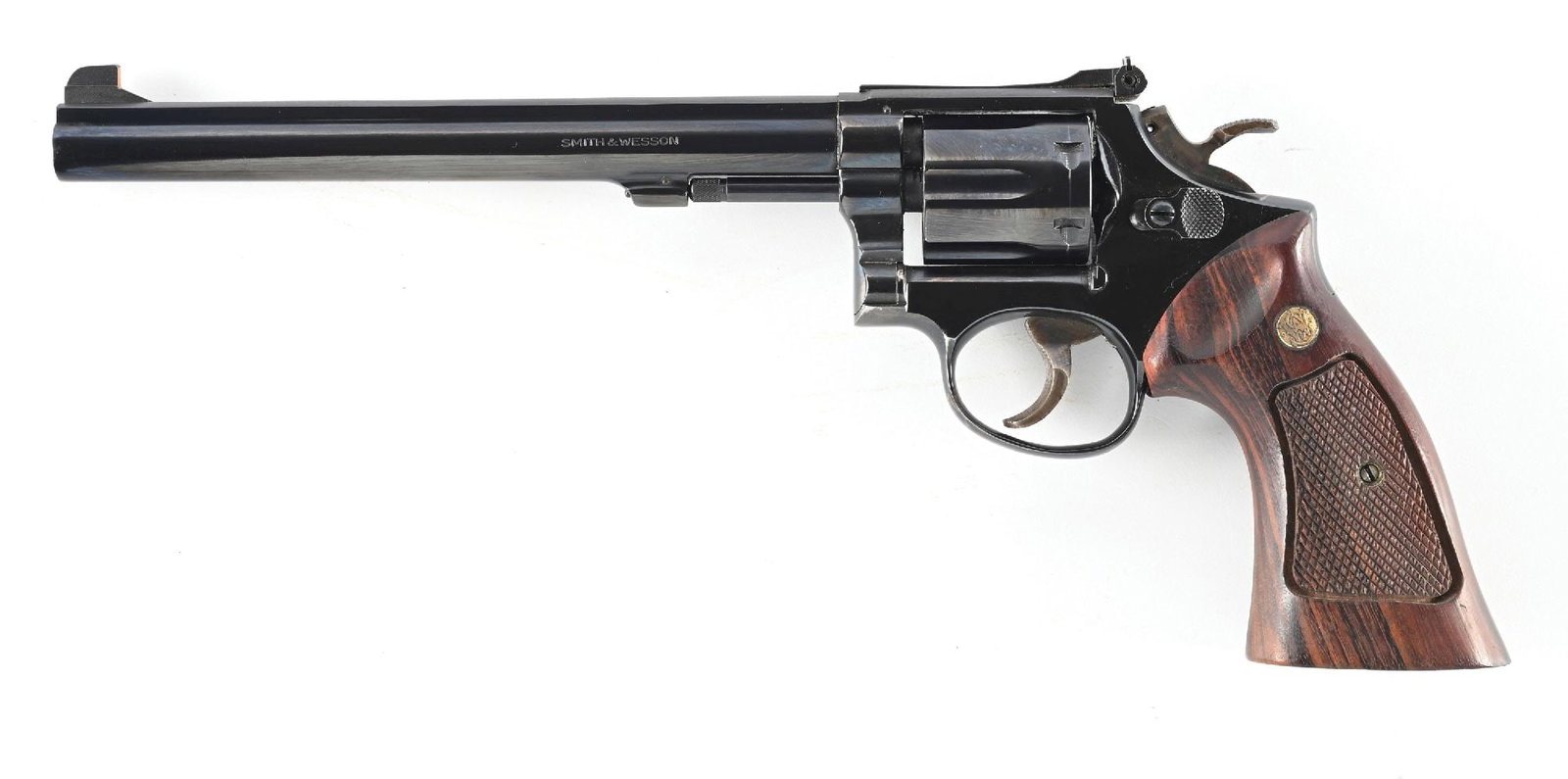 (C) SMITH & WESSON MODEL 14-3 DOUBLE ACTION REVOLVER.: Dates to 1975. Built on the square butt K frame, 3-screw with pinned barrel, blue finish, solid rib, Patridge style front sight, adjustable rear sight with white outline, case color wide hammer and ca