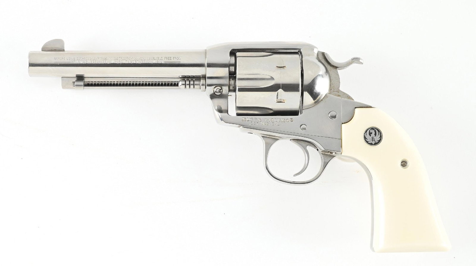 (M) RUGER VAQUERO .357 MAGNUM SINGLE ACTION REVOLVER.: Finished in bright stainless with silver/black medallion faux ivory grips, fixed sights and Bisley style wide hammer and frame. CONDITION: Excellent. Shows in near new condition but has been fired as 