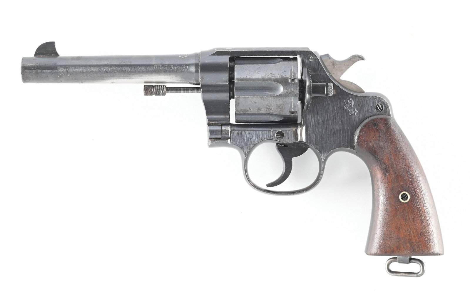 (C) COLT US ARMY MODEL 1917 DOUBLE ACTION REVOVLER.: Dates to 1920. Standard post WWI US issue with blue finish, fixed sights, smooth two piece walnut stocks, lanyard ring, eagle head inspector stamp on left side of frame, 1917 on butt along with milita