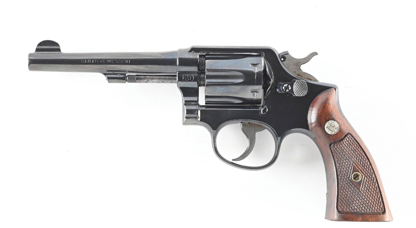 (C) SMITH & WESSON .38 MILITARY & POLICE PRE-MODEL 10 DOUBLE ACTION REVOLVER.: Dates from 1948 through 1952. Built on the square butt K-frame, 5-screw, with pinned barrel and matching numbers on cylinder and barrel. Features fix sights, blue finish, silver medallion single diamo