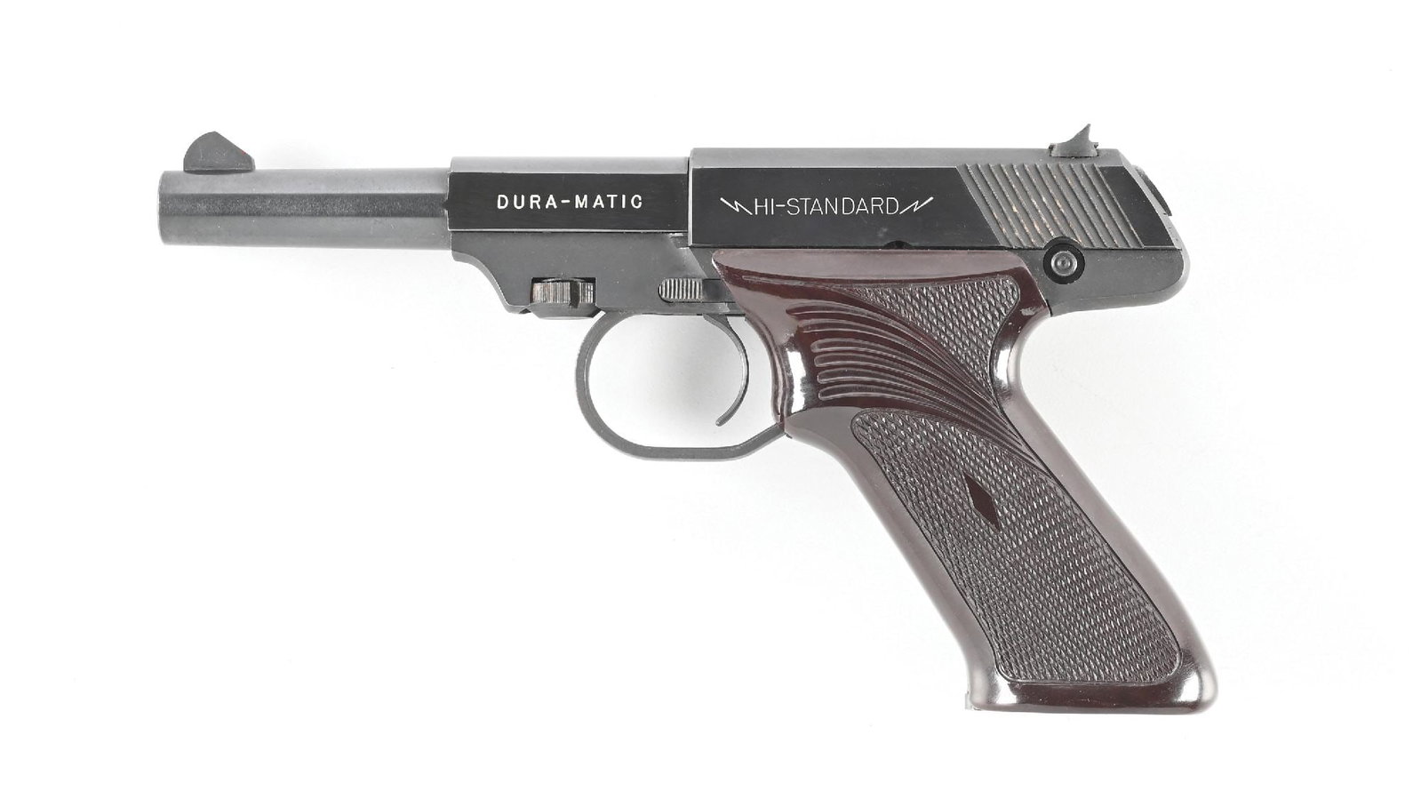 (C) HI-STANDARD MODEL 101 DURA-MATIC SEMI-AUTOMATIC PISTOL 2 BARREL SET.: First produced in 1954 and was factory offered with an extra barrel. This example has both the 4 1/2 and 6 1/2 barrels. Both barrels have fixed front sights with adjustable rear on slide. Sports the t
