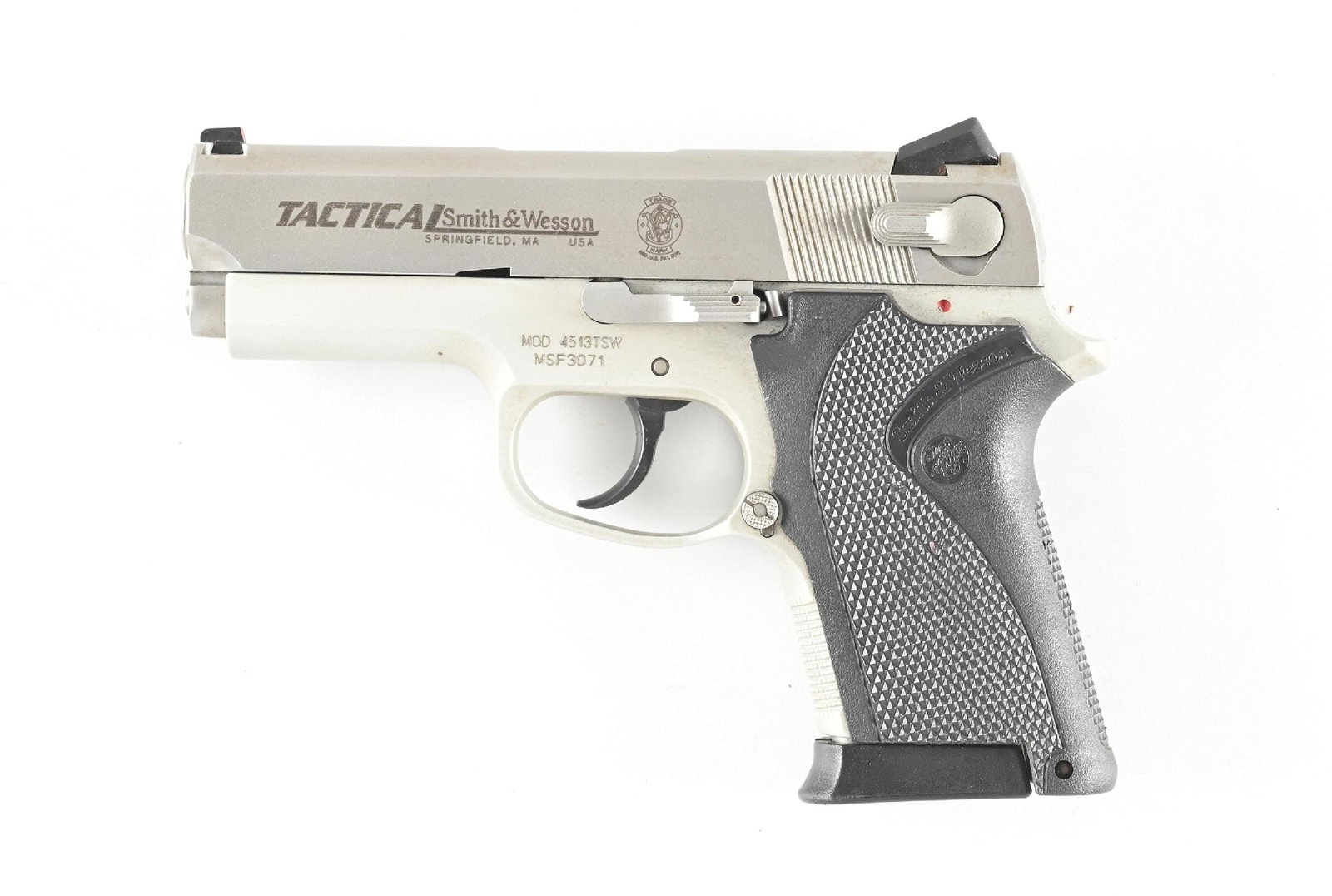 (M) SMITH & WESSON MODEL 4513TSW TACTICAL SEMI-AUTOMATIC PISTOL WITH BOX: This compact pistol was introduced in 1998 and features the dual tone stainless brushed finish, dovetailed combat style sights, double action, ambidextrous side safeties, wrap around monogram black ru