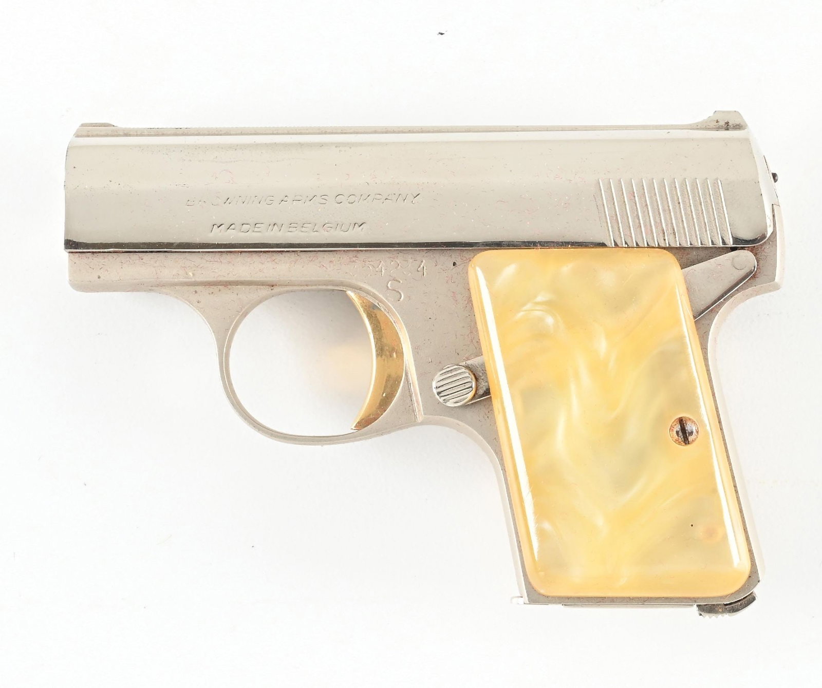 (C) NICKEL BABY BROWNING .25 SEMI-AUTOMATIC PISTOL WITH CASE.: Dates to 1966. Finished in the dual tone nickel with the gold plated trigger and pearlite grips with one magazine and Browning pouch. CONDITION: Excellent. Near new with very nominal handling found on