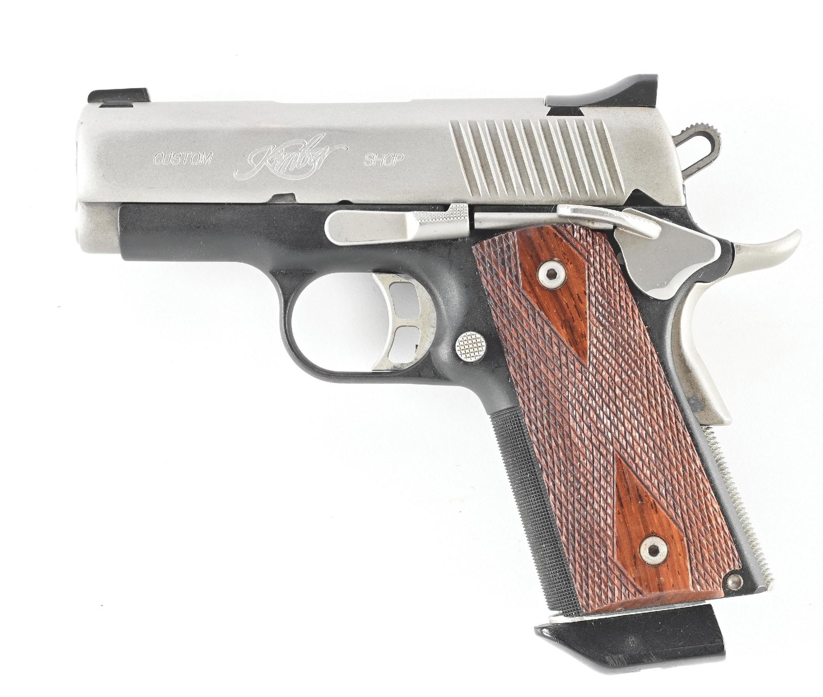(M) KIMBER CUSOM SHOP ULTRA CDP 1911 SEMI-AUTOMATIC PISTOL.: The Custom Defense Package compact auto features the brushed stainless slide with matte black alloy frame. Features a dovetailed combat style rear sight, a dovetailed white bead front sight, light wei