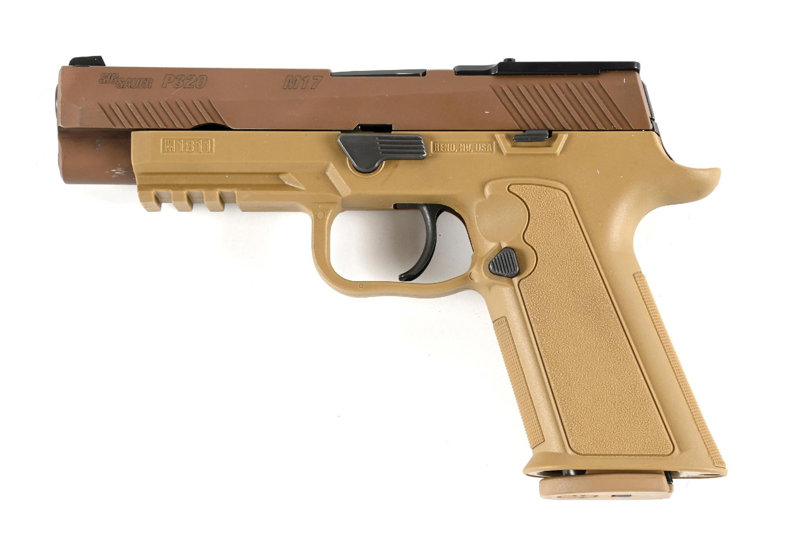(M) SIG SAUER M17 P320 SEMI-AUTOMATIC PISTOL.: The M17 was adopted by the US Army in 2017. This civilian production version features flat dark earth finishes slide, night front sight, RMR base, and aftermarket coyote Brouwer M1811 grip module. The