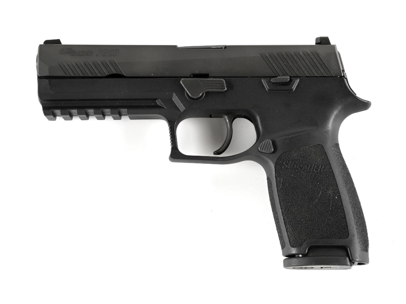 (M) SIG SAUER P320 SEMI-AUTOMATIC PISTOL.: Contemporary striker fired pistol with matte finished slide, 3-dot sights, and ergonomic pebble textured polymer grip module with accessory rail. Gun is accompanied by its factory case, 2 total magazi