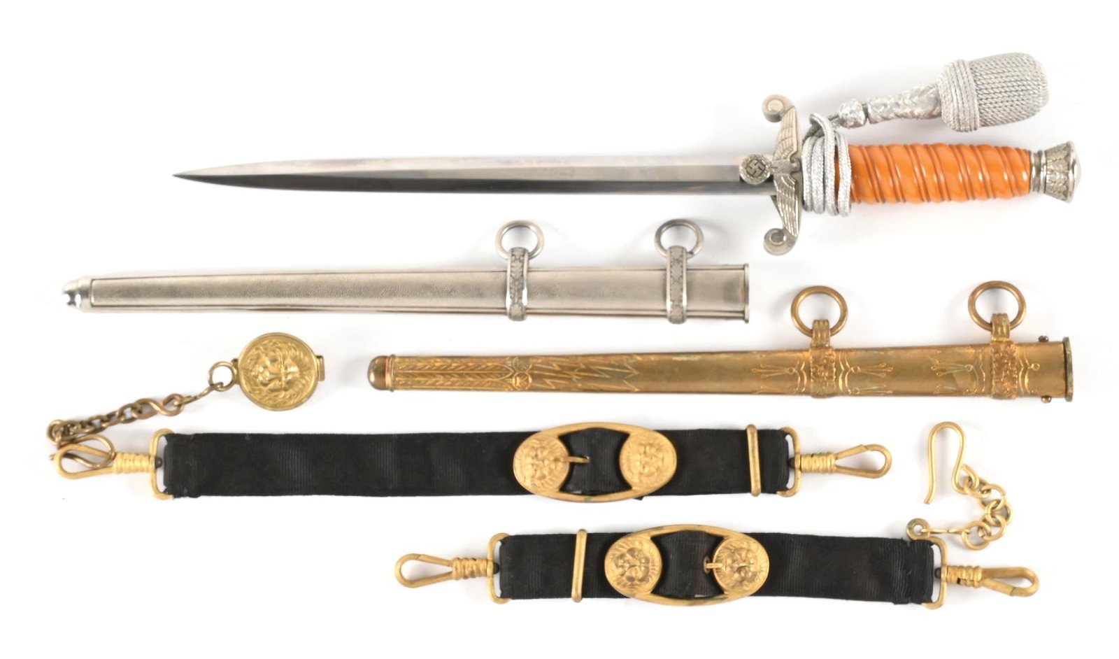 THIRD REICH LUFTWAFFE DAGGER AND KRIEGSMARINE DAGGER SCABBARD AND HANGER. (1 of 1)