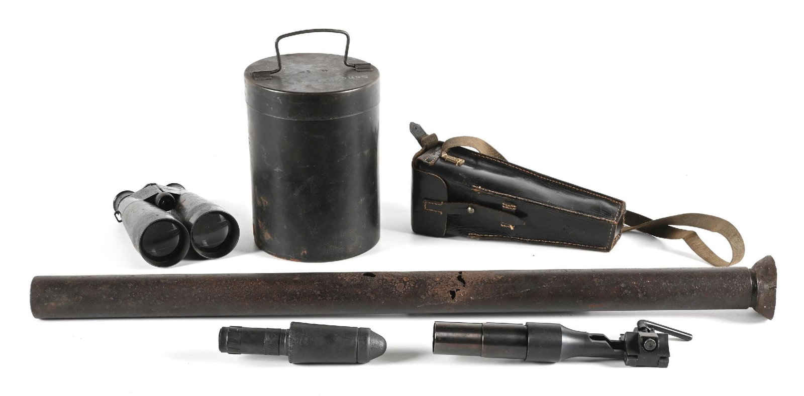 LOT OF 6: GERMAN WWII PANZERFAUST TUBE, ETC.: Lot contains a relic condition Panzerfaust tube, a high quality reproduction rifle grenade launcher an inert round, an original grenade launcher pouch with barrel wrench, a ordnance can, and a pair