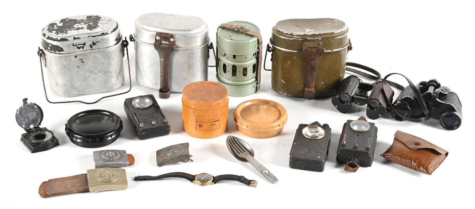 LOT OF GERMAN WWII BINOCULARS, BELT BUCKLES, MESS KITS, BUTTER DISHES, AND OTHER FIELD GEAR. (1 of 1)