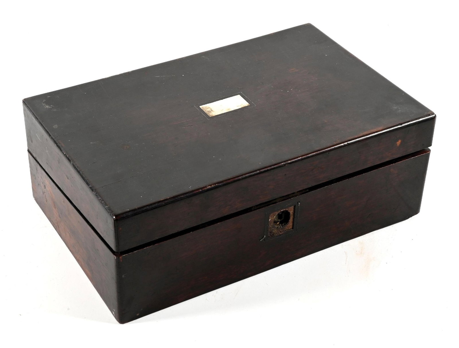 CIVIL WAR ERA FIELD LAP DESK.: Measures approximately 14" x 9" x 5". Velvet topped desk. Includes two ink wells and a few other accessories. Scattered chips and scratches. CONDITION: Fair.