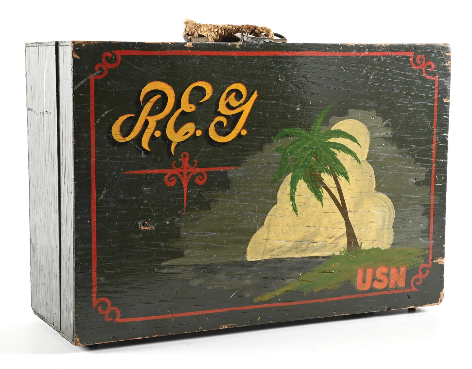 PAINTED SEA CHEST.: Circa World War II era sea chest that measures approximately 22" x 15" x 9". Lid is painted with initials and an island scene. interior lid is painted with a sunbathing pinup girl. Rope handle.