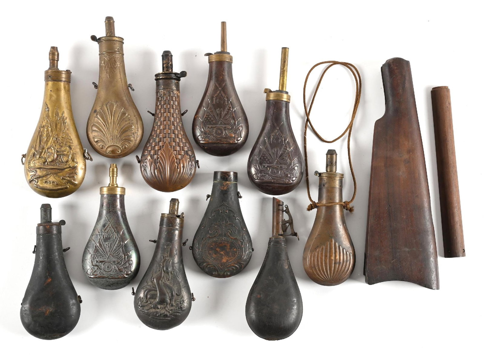 LOT OF 12: 11 POWDER FLASKS AND LOW WALL STOCK. (1 of 1)
