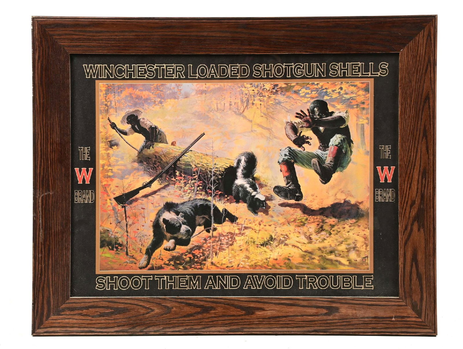 REPRODUCTION WINCHESTER "SHOOT THEM AND AVOID TROUBLE" SHOTGUN SHELLS ADVERTISING PRINT.: This is a beautiful contemporary print that measures 28" x 36". It is framed in a very expensive mission oak quarter sewn frame. Striking.