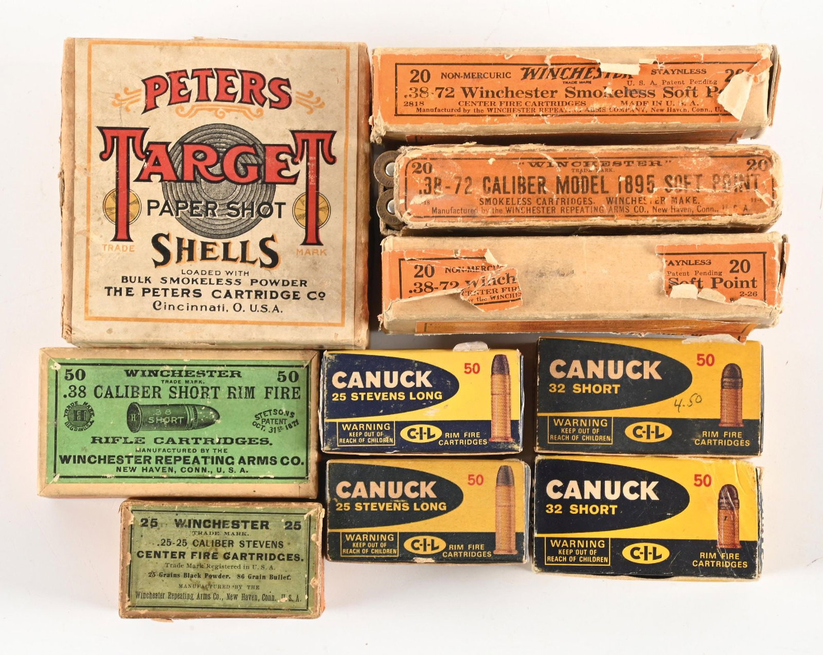 LOT OF (10) BOXES OF RARE COLLECTIBLE AMMUNITION. (1 of 1)