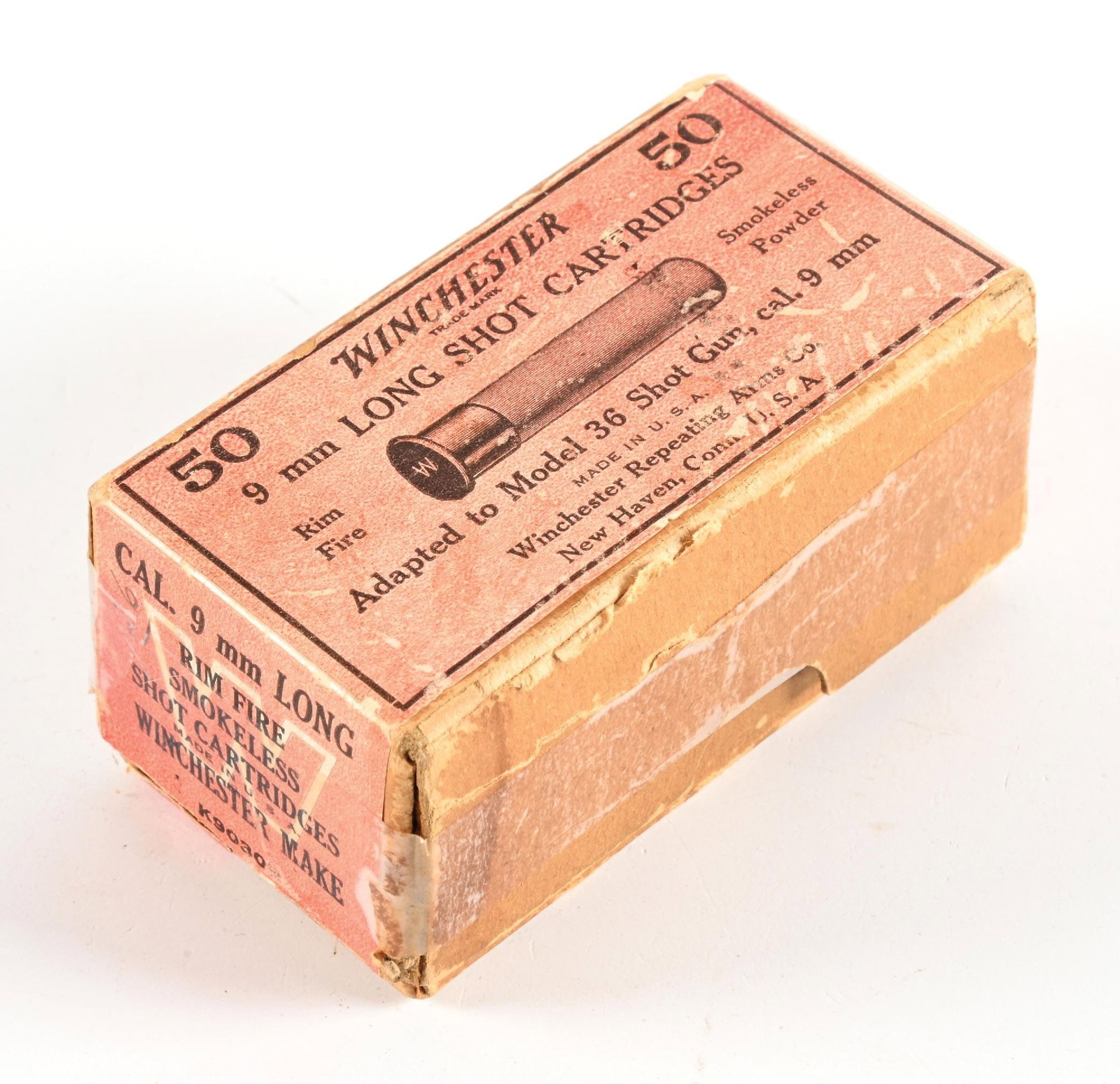CRISP TWO PIECE FULL BOX OF WINCHESTER 9MM LONG SHOT CARTRIDGES. (1 of 3)