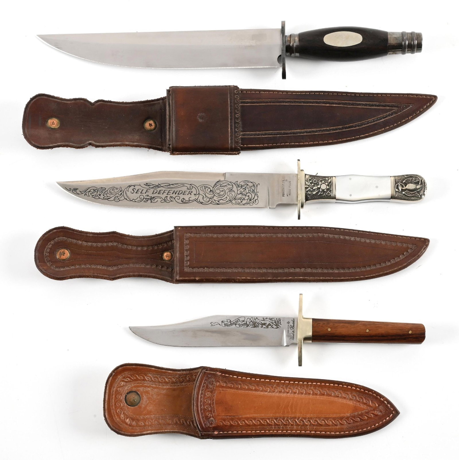 LOT OF 3: CONTEMPORARY BOWIE KNIVES WITH R.S. GILES SCABBARDS.: Lot consists of: (A) Unmarked. Slight trailing point blade remains bright. Silvered guard and pommel. Hidden tang construction with wood grip that features oval escutcheons on each side. Complete with