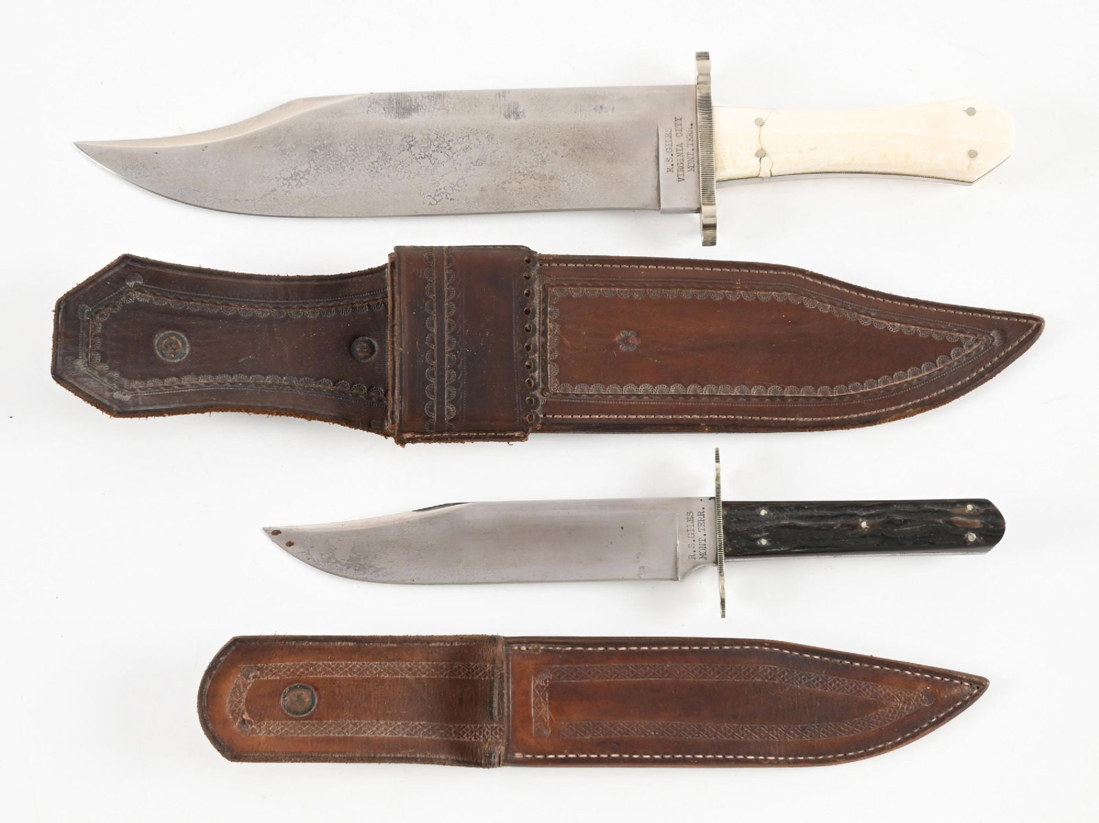 LOT OF 2: R.S. GILES BOWIE KNIVES.: Lot consist of: (A) Clip point blade marked "R.S. GILES / VIRGINIA CITY / MONT. TERR." on obverse ricasso. Silvered guard with large coffin handle that features bone ivory grip scales. Blade is bright