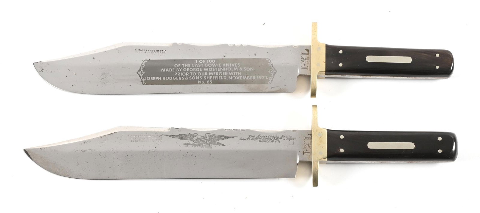 LOT OF 2: GEORGE WOSTENHOLM COMMEMORATIVE BOWIE KNIVES. (1 of 2)