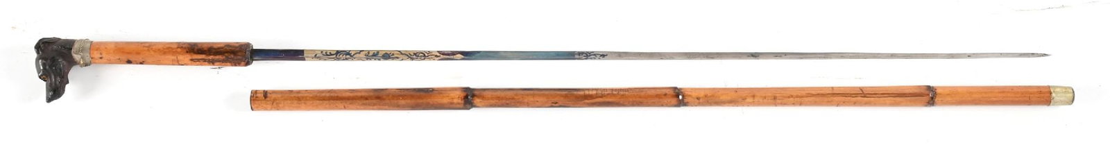 SWORD CANE WITH CARVED DOG'S HEAD W/ GLASS EYES HANDLE AND WOOD SHAFT (1 of 2)