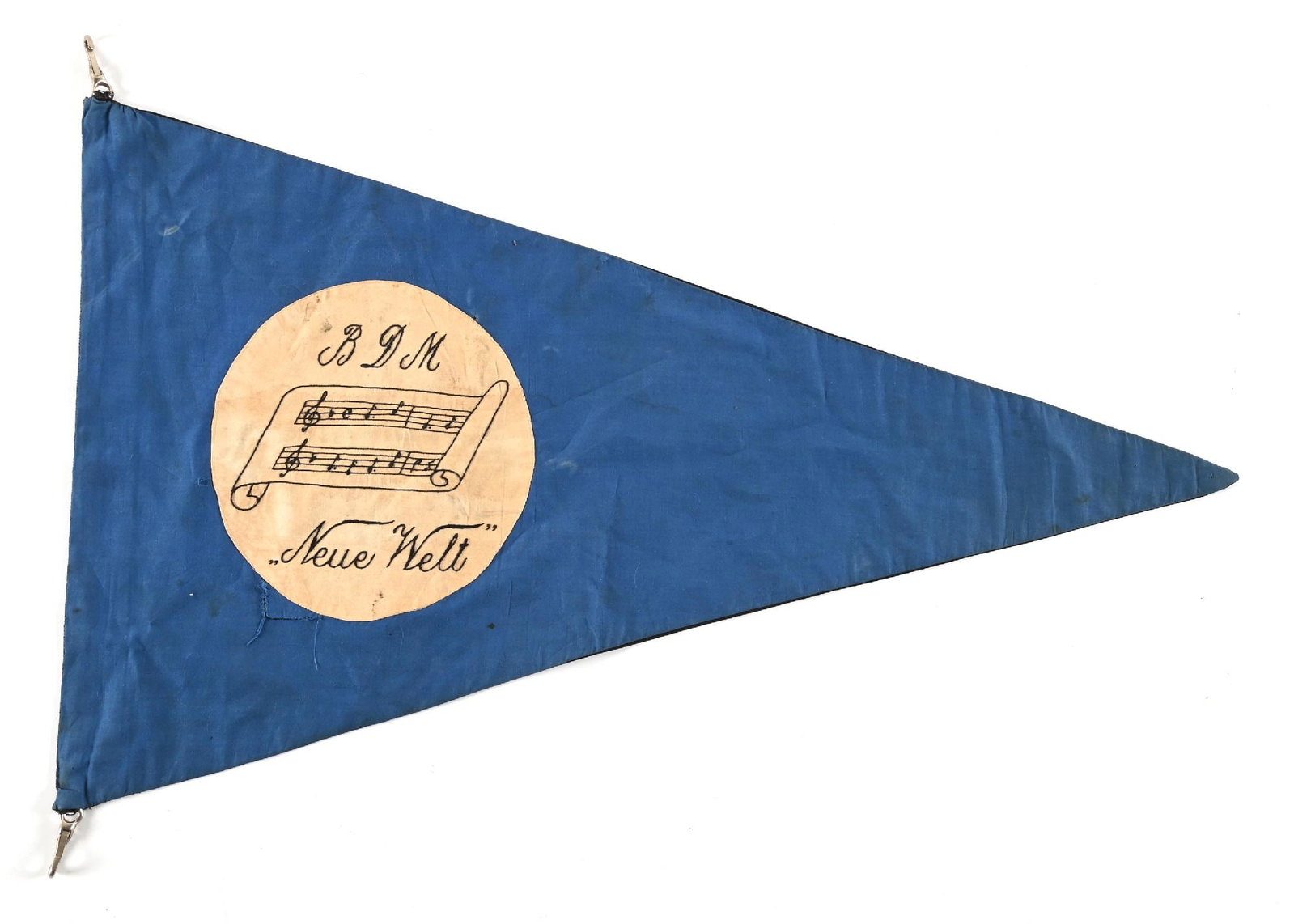 THIRD REICH HITLER YOUTH BDM PENNANT.: Third Reich Hitler Youth (HJ) pennant measuring 30" x 18" with a large HJ emblem on one side and "BDM" (Bund Deutsche Maedel) with musical notes and "Neue Welt (New World) on the reverse. One side is