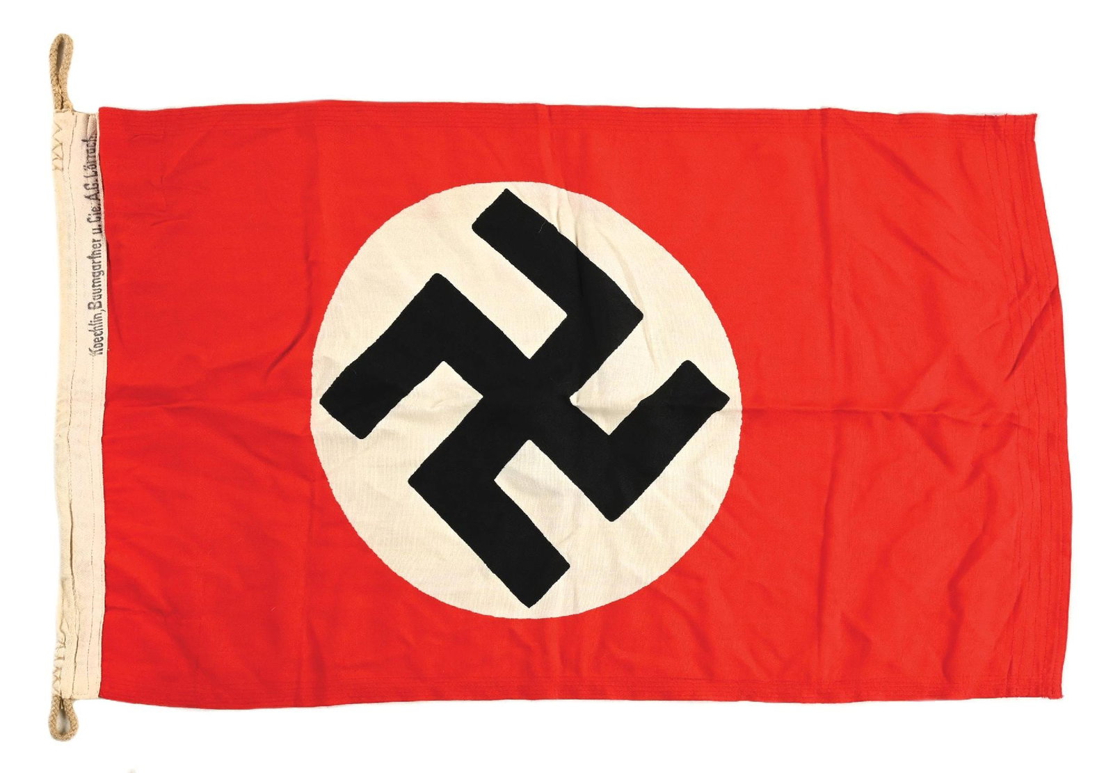 KRIEGSMARINE MARKED NSDAP FLAG.: Third Reich NSDAP doubled-sided Kriegsmarine flag marked "Goesch 50x85 cm", "Koechlin. Baumgartner u. Cie. AG. Loerrach.", with the "eagle over M". CONDITION: Overall excellent plus.