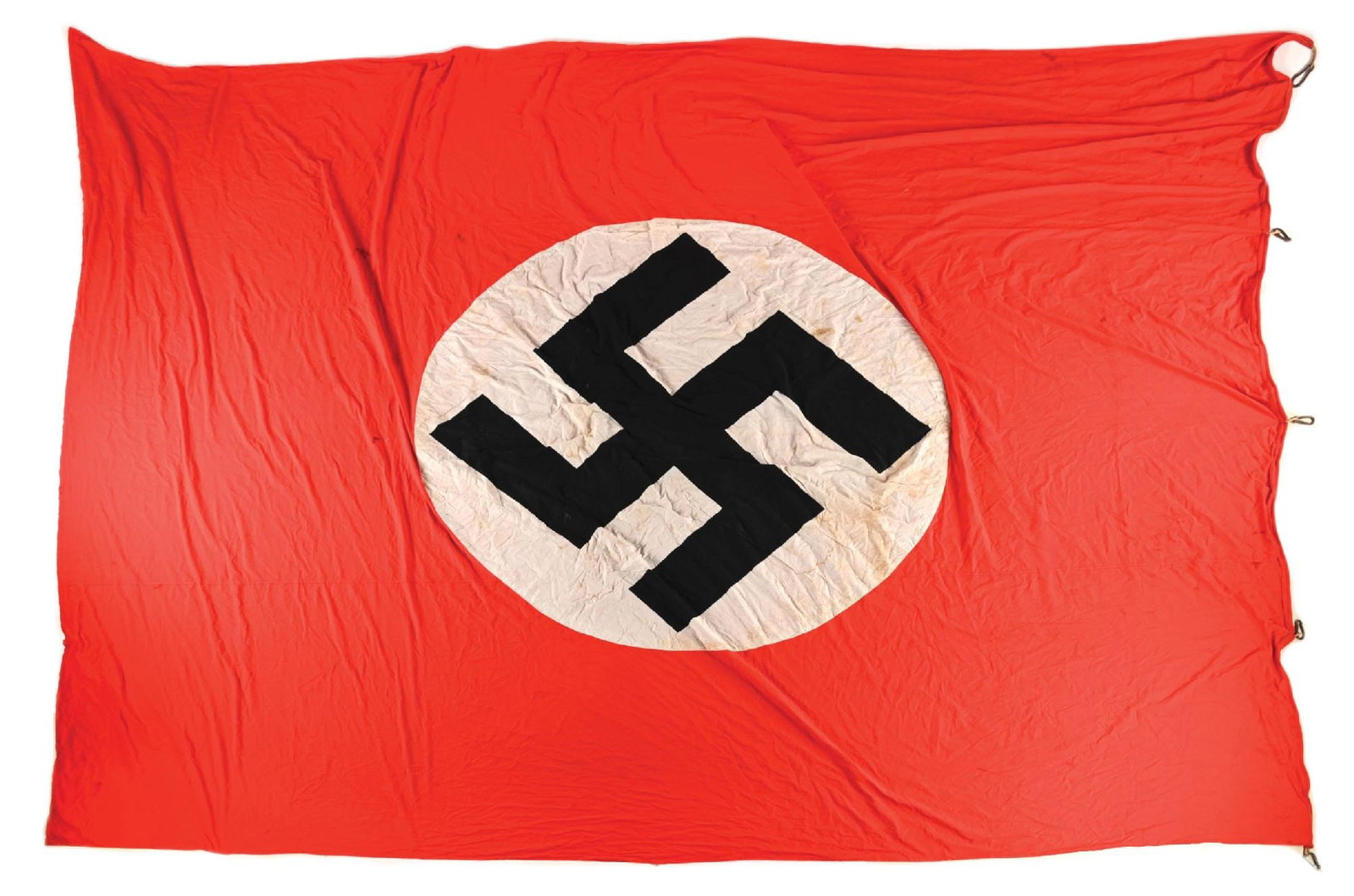 LARGE THIRD REICH NSDAP BANNER.: Large Third Reich NSDAP double-sided banner measuring 204" x 158", with light staining throughout. Flag is attached via 2 large metal clips. CONDITION: Overall very good to excellent.