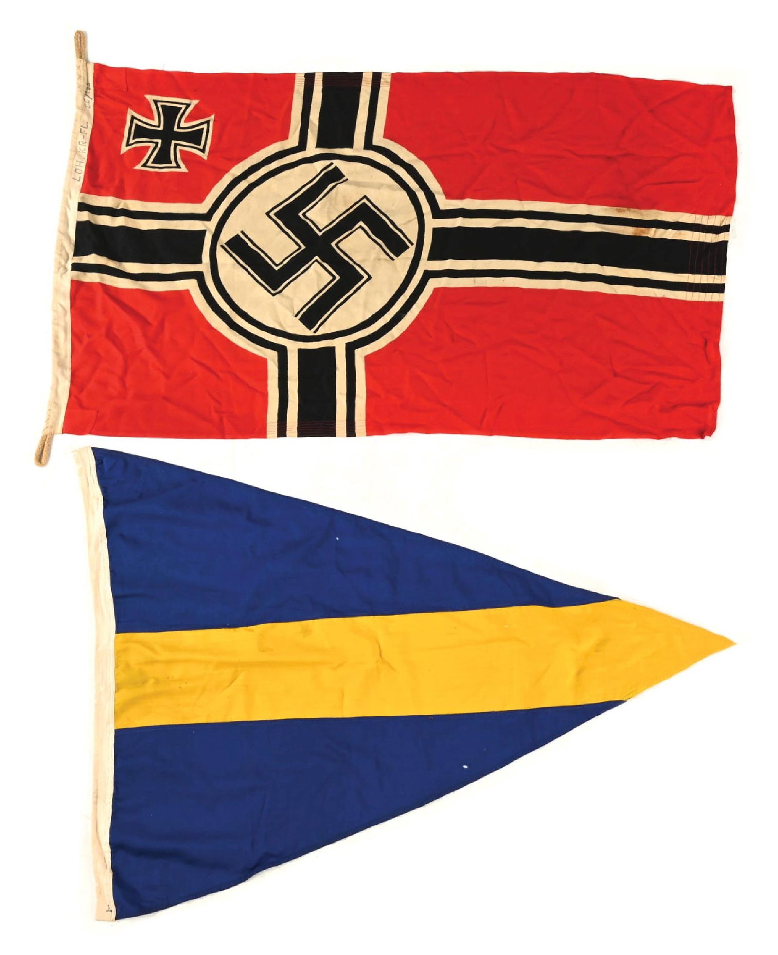 LOT OF 2: GERMAN WWII KRIEGSMARINE FLAGS.: Lot of 2 Third Reich Kriegsmarine flags: (A) Double-sided Kriegsmarine flag measuring 30" x 50" with light staining (especially one area), and marked "LOH. KR - FL. 80/135". CONDITION: Overall very