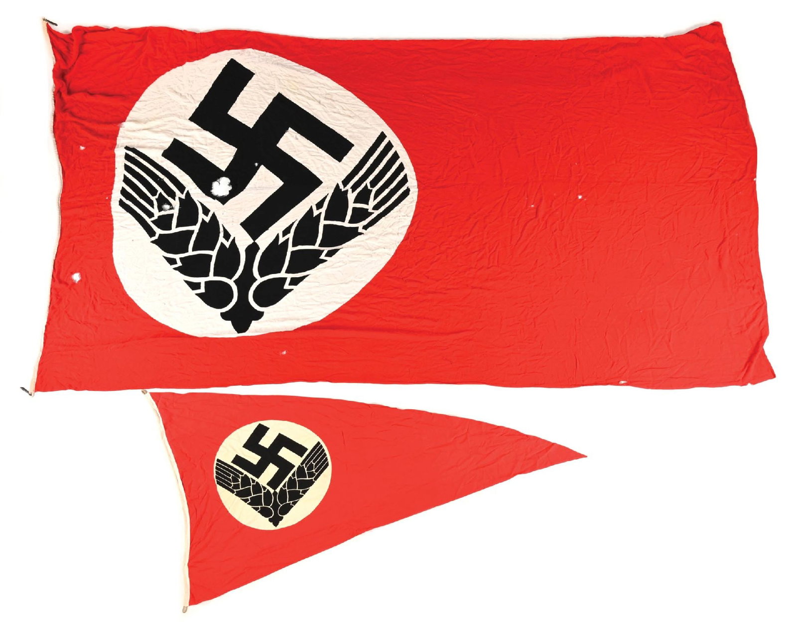 LOT OF 2: THIRD REICH RAD FLAG AND PENNANT.: Lot of 2 Third Reich flags. (A) NSDAP flag measuring 148" x 90" with scattered large holes and damage. CONDITION: Overall fair. (B) Third Reich "Reichs Arbeit Dienst" (RAD) Pennant measuring 80" x 46"