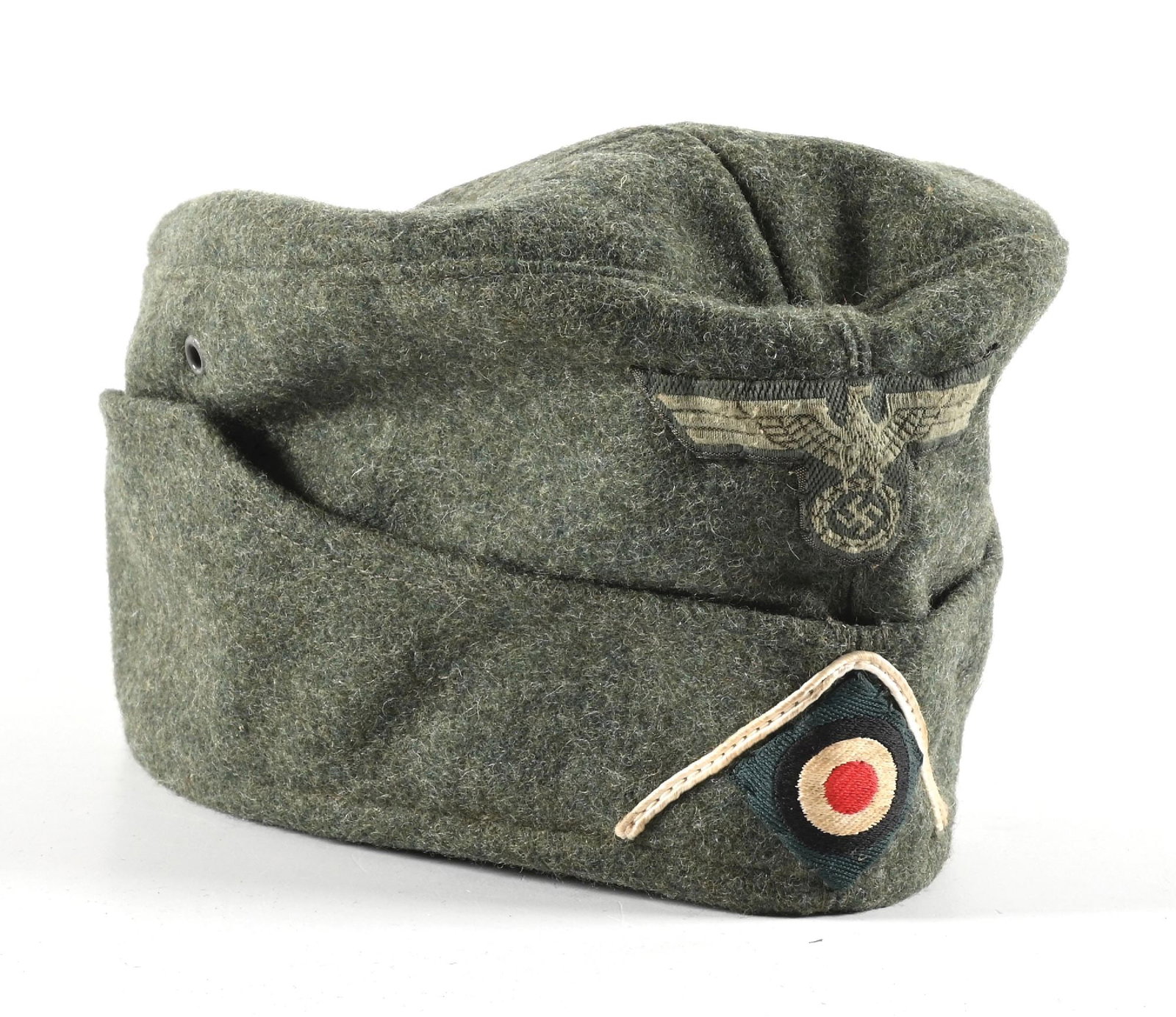 GERMAN WWII M34 HEER INFANTRY OVERSEAS CAP.: German WWII Heer Infantry overseas cap. M34 cap body is made from early high quality field-gray wool with light staining and light areas of moth tracking; most noticeable is a 1 inch area on the left 