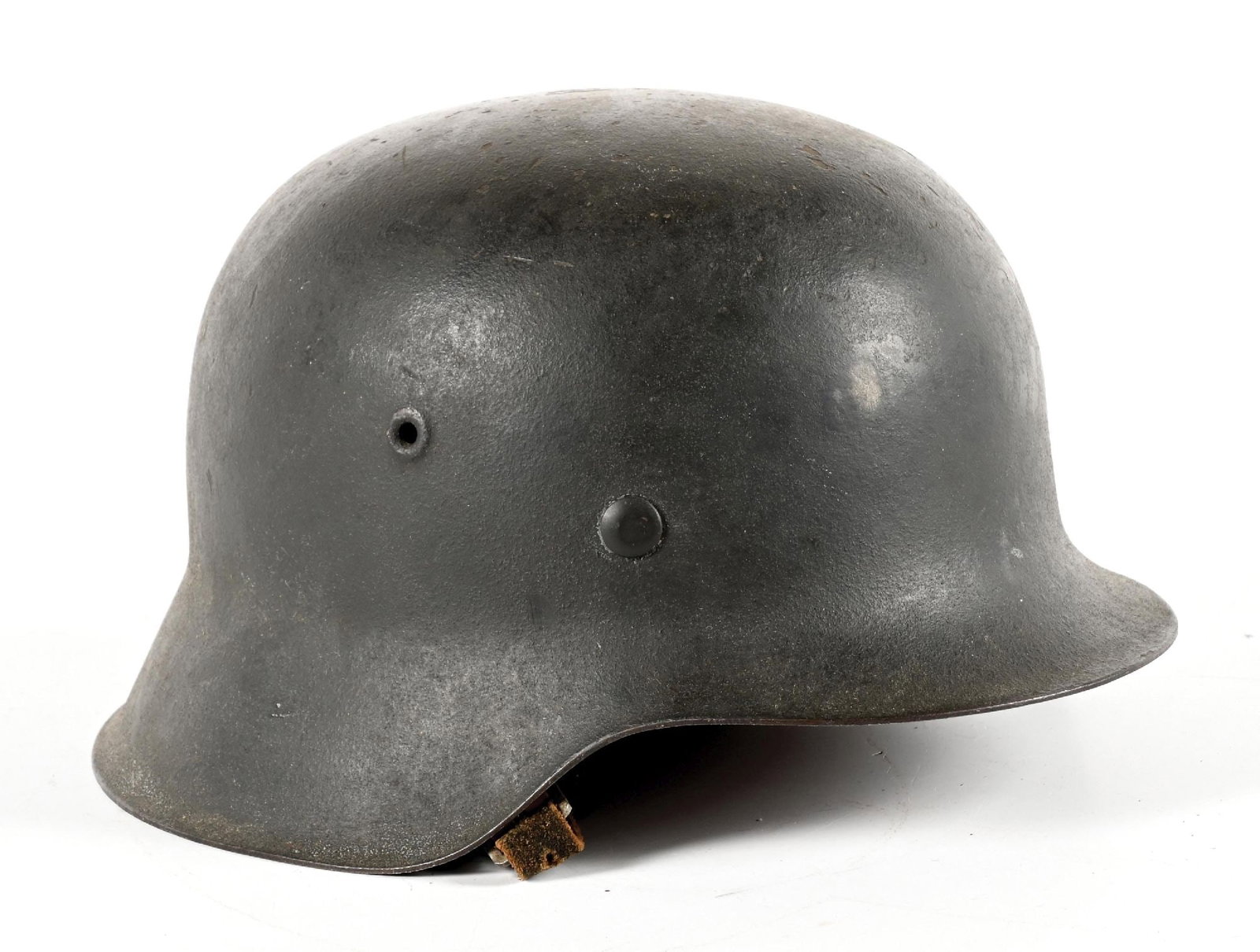 GERMAN WWII HEER M42 SINGLE DECAL HELMET.: German WWII Heer M42 single decal retaining most of it rough gray-green paint with scattered marks and light freckling. Very little of the original decal remains. Liner assembly (illegible size stamp)