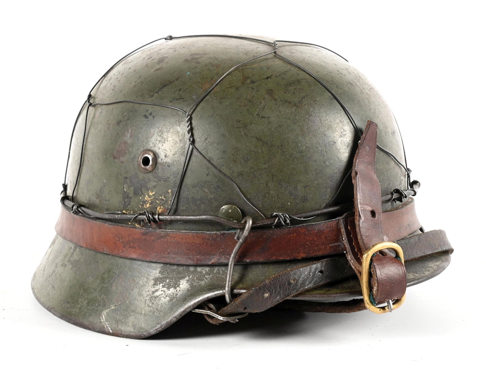 GERMAN WWII HEER M35 HELMET.: German WWII Heer double-decal M35 helmet. Helmet retains half of its apple green paint and less than half of its original Heer and Tricolor decals. Liner assembly, band, chinstrap, chicken wire, and l