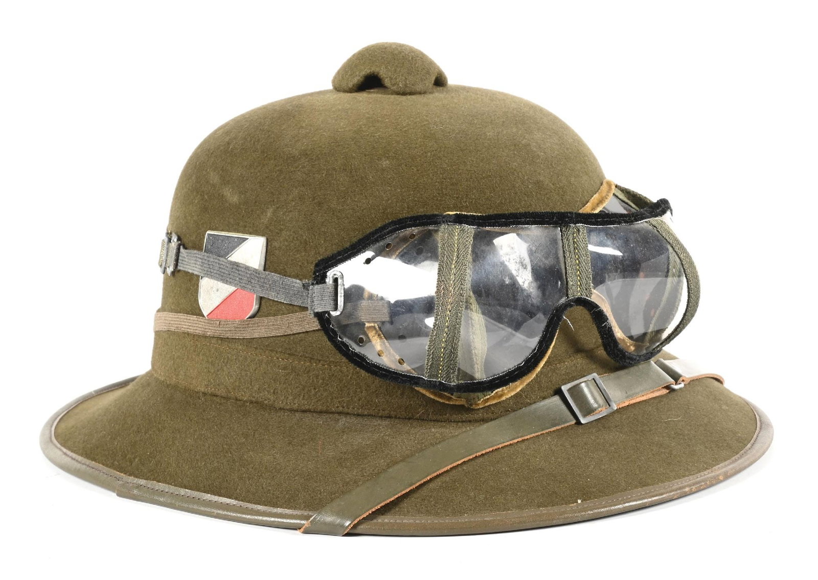 GERMAN WWII HEER TROPICAL PITH HELMET WITH TWO PAIRS OF GOGGLES.: German WWII Heer tropical pith helmet dated "1942" and size marked "58". Olive body exhibits very light staining, leather trim/ chinstrap appears undamaged, shields are correct, sweatband has light we