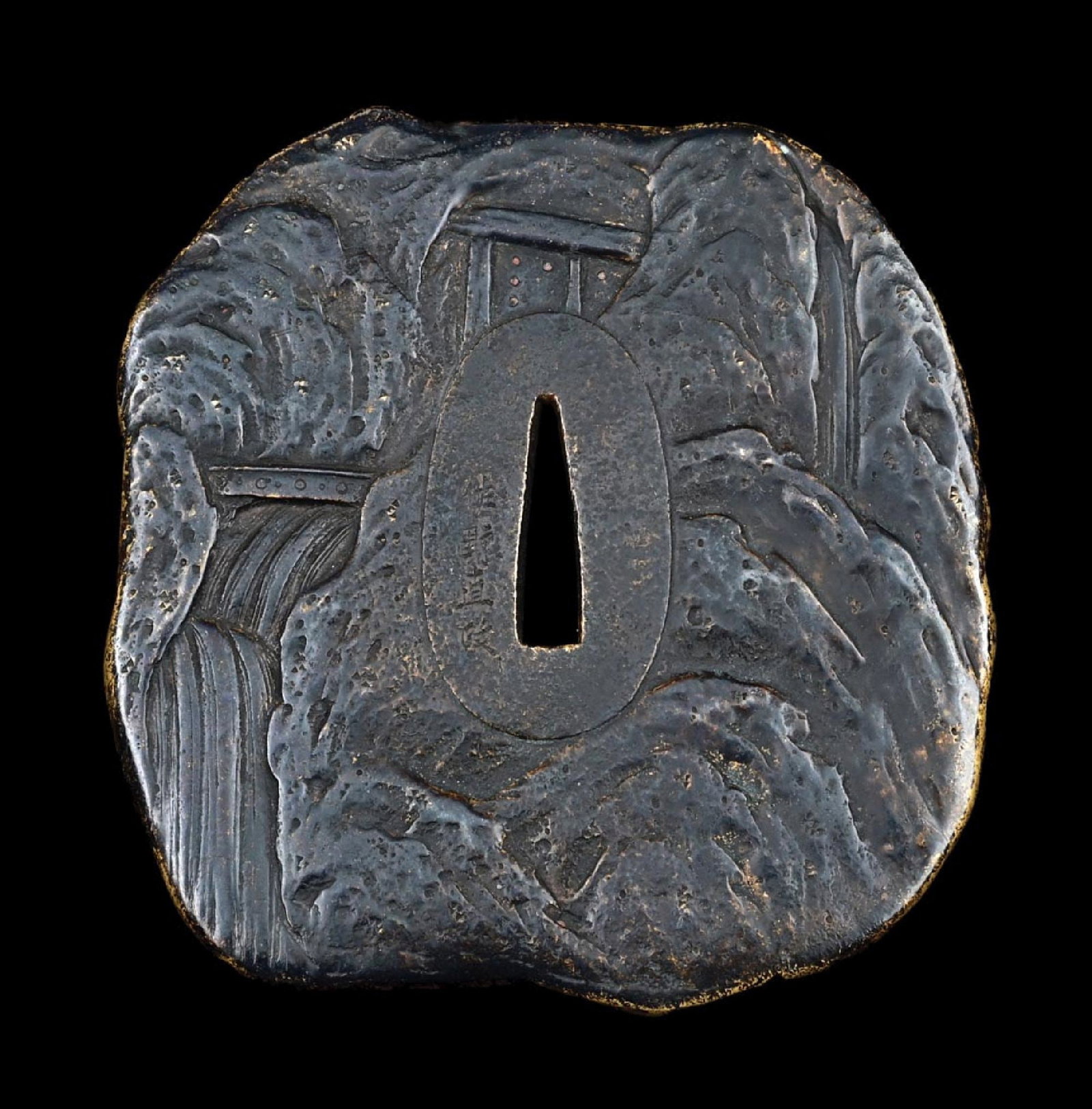 TSUBA IN KIRI BOX WITH MOUNTAIN SAMURAI DESIGN (1 of 3)