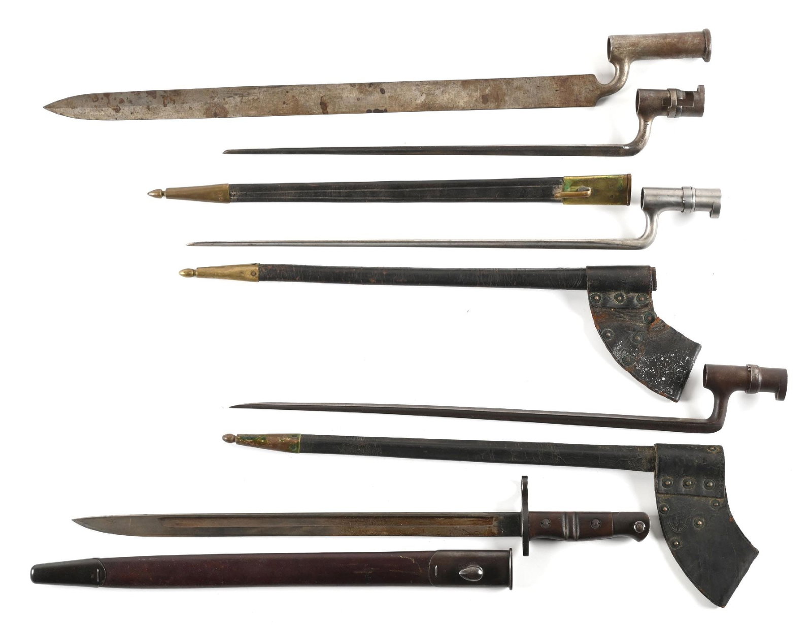 LOT OF 5: BAYONETS.: Lot consists of: (A) Flat side bayonet, possibly an Austrian M1842. Gray patina throughout with spotting and blemishes. Paul J. Dias auction label on reverse blade. (B) European socket bayonet with nu