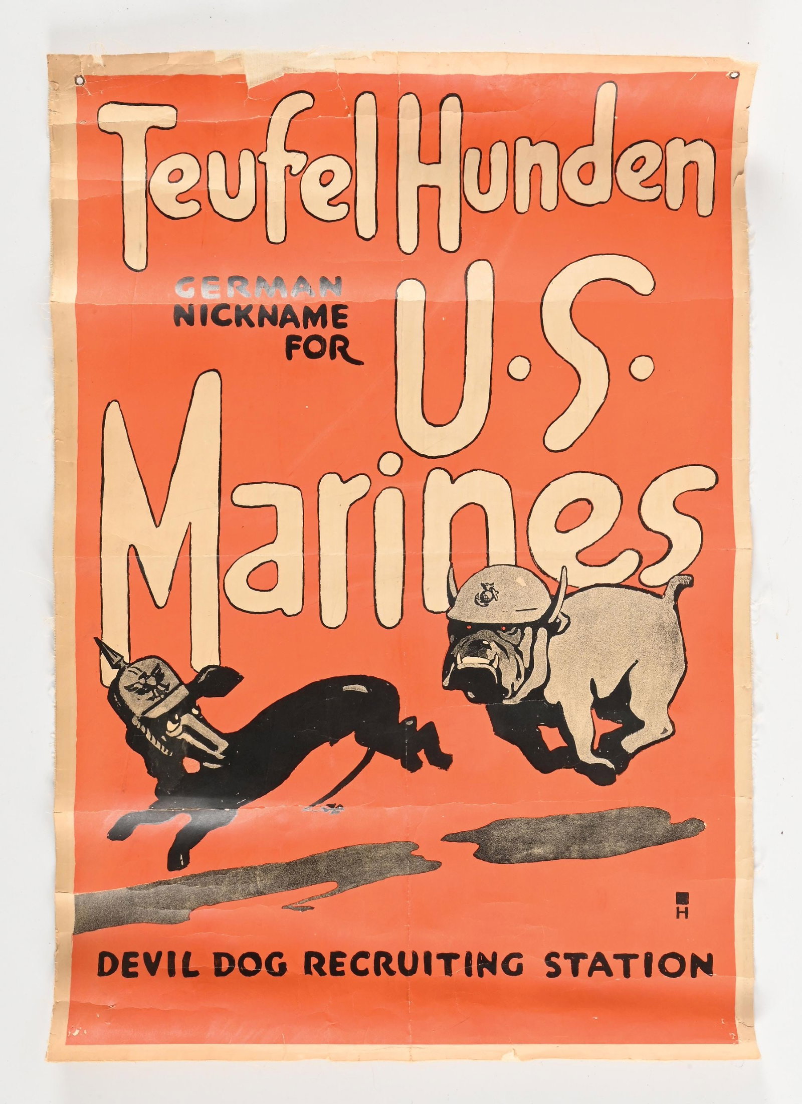 US WWI US MARINE CORPS TEUFEL HUNDEN RECRUITMENT POSTER. (1 of 2)