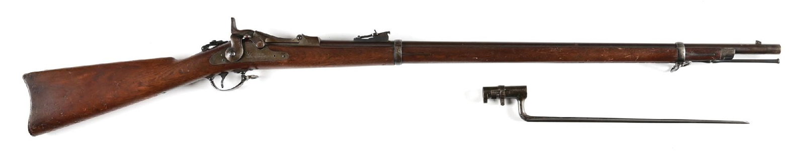 (A) SPRINGFIELD US MODEL 1879 TRAPDOOR SINGLE SHOT RIFLE WITH BAYONET. (1 of 2)
