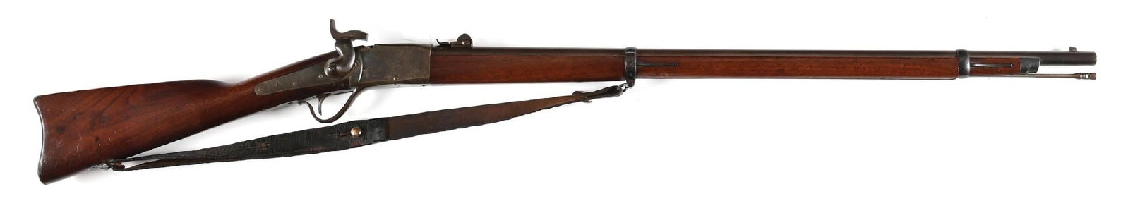 (A) MARTIALLY INSPECTED PEABODY FOREIGN MILITARY CONTRACT SINGLE SHOT RIFLE: Made by the Providence Tool Company in Rhode Island from 1866 through 1871. This example is in .43 Spanish and has a visible but not legible cartouche on left side of full length walnut stock. Standar