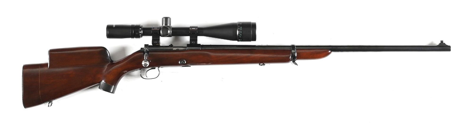 (C) CUSTOM PRE-WAR WINCHESTER MODEL 52 .22 LR BOLT ACTION RIFLE.: Dates to 1927. Standard features include a blue finish, heavy barrel, dovetailed bead on base front sight, single barrel band, plain pistol grip walnut stock, checkered metal butt plate and swivels. N