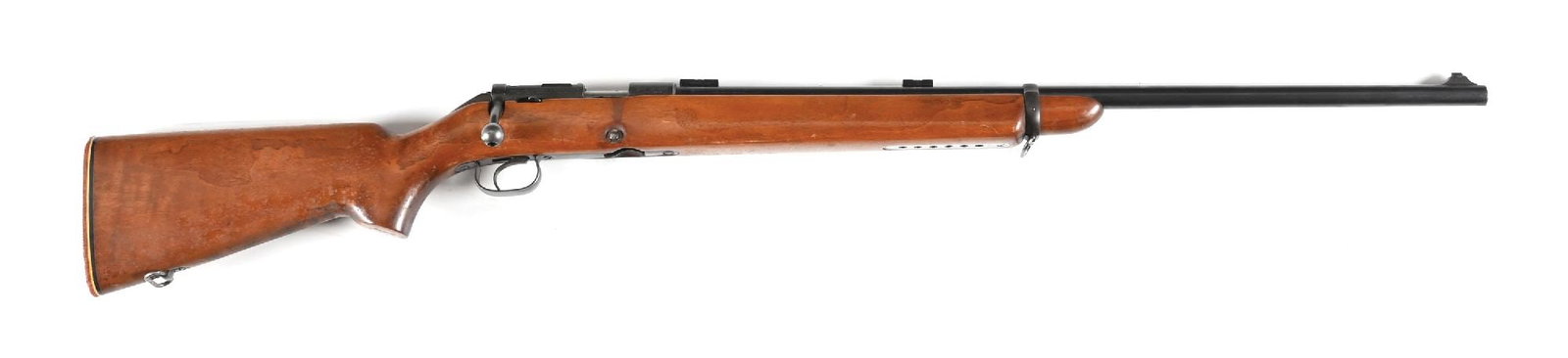 (C) PRE-WAR WINCHESTER MODEL 52B BOLT ACTION TARGET RIFLE: Dates to 1939. Standard features include the blue finish, heavy round barrel, dovetailed blade on base front sight, barrel mounted AO scope blocks, missing receiver rear sight, single barrel band, swi